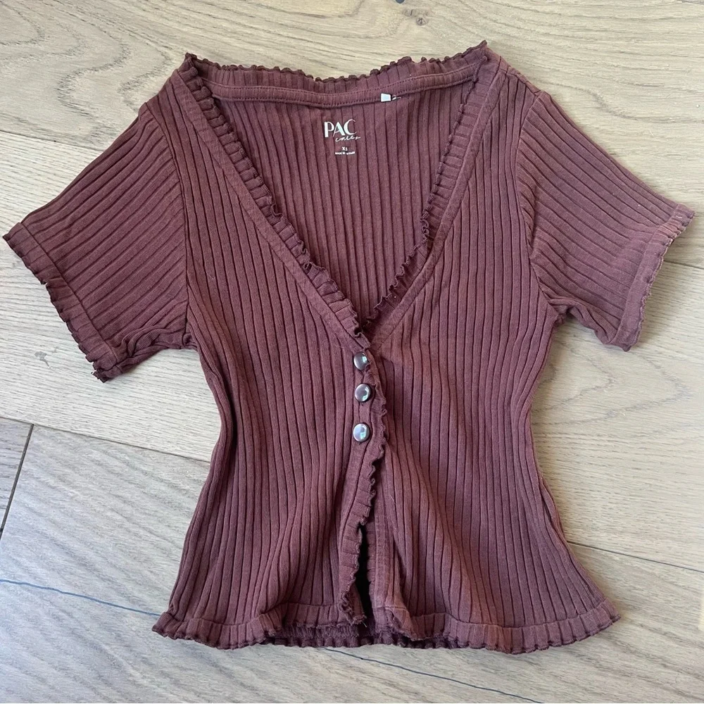 PacSun Brown Ribbed Button-Down Top - Picture 1 of 3
